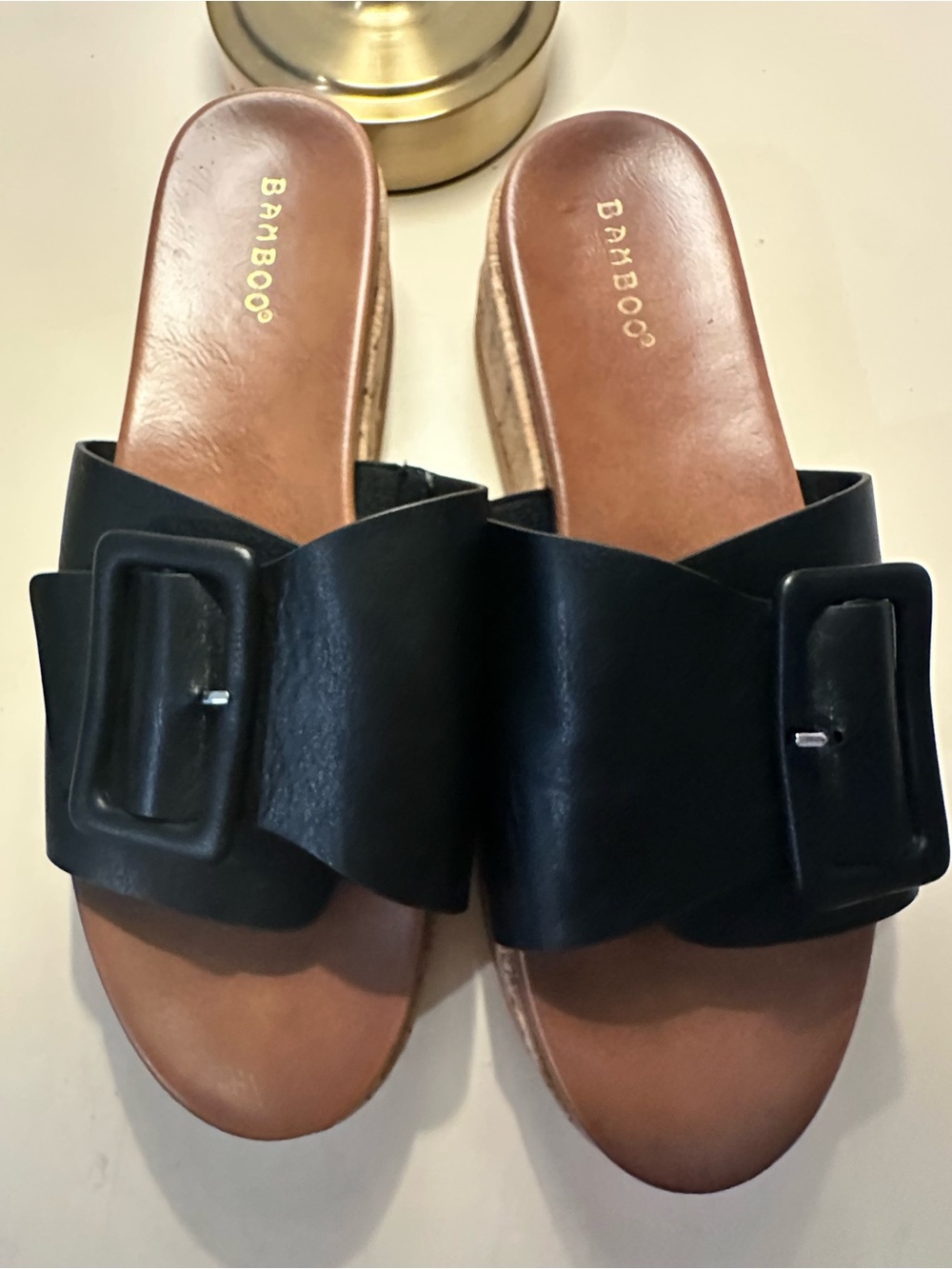 BAMBOO Black Buckle Wide-Band Wedge Slide Sandals